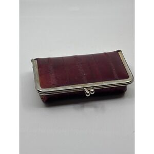 Vintage Burgundy Eel Skin Kiss Lock Clutch Wallet with Interior Mirror Korea
